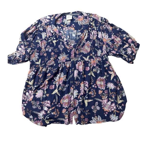 Knox Rose XXL Boho Floral Tunic Top Navy Smocked Peasant Blouse Flowy Rayo - Picture 1 of 8